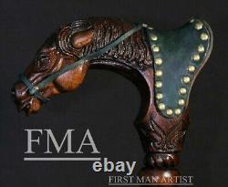 Bâton de marche avec poignée en tête de cheval et cheval en bois sculpté à la main, style cuir