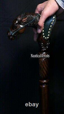 Bâton de marche avec poignée en tête de cheval et cheval en bois sculpté à la main, style cuir