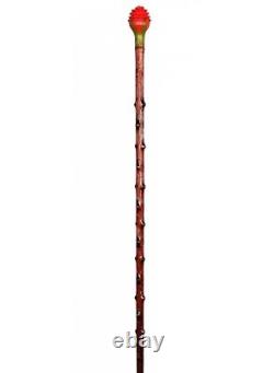 Bâton de marche brun unique à poignée en rose, canne sculptée en bois faite à la main spéciale