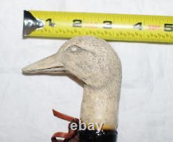 Bâton de marche canne en bois vintage avec tête de canard sculptée à la main avec cuir et médaillon