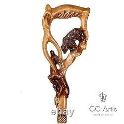 Bâton de marche de luxe en bois sculpté à la main avec ours et gazelle pour hommes