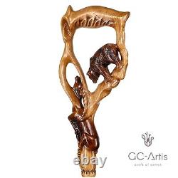 Bâton de marche de luxe en bois sculpté à la main avec ours et gazelle pour hommes