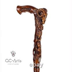 Bâton de marche en bois GC-Artis avec crâne de bélier et hibou sculptés à la main, artisanat mystique