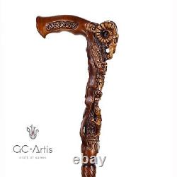 Bâton de marche en bois GC-Artis avec crâne de bélier et hibou sculptés à la main, artisanat mystique