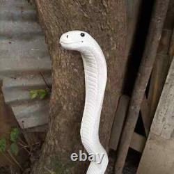 Bâton de marche en bois africain sculpté à la main avec poignée en forme de serpent cobra blanc.