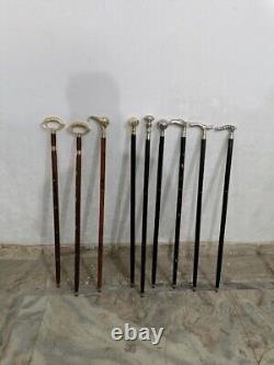 Bâton de marche en bois antique avec poignée en laiton assortie - Ensemble de 10 bâtons de marche en bois