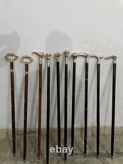 Bâton de marche en bois antique avec poignée en laiton assortie - Ensemble de 10 bâtons de marche en bois