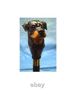 Bâton de marche en bois avec poignée de chien Rottweiler sculptée à la main, fait main
