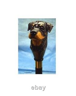Bâton de marche en bois avec poignée de chien Rottweiler sculptée à la main, fait main