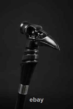 Bâton de marche en bois avec poignée de crâne de corbeau sculpté à la main pour adulte