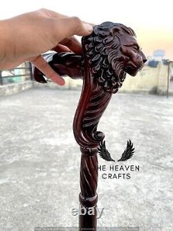 Bâton de marche en bois avec poignée de tête de lion sculptée à la main - Cadeau fait main