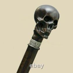 Bâton de marche en bois avec poignée en forme de crâne fait main et sculptée pour senior