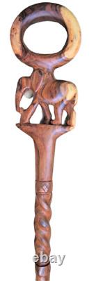 Bâton de marche en bois avec poignée en forme de tête d'éléphant au design unique - Canne de randonnée