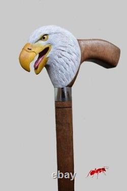 Bâton de marche en bois avec poignée sculptée à la main en forme de tête d'aigle - Canne de marche faite à la main en forme d'oiseau