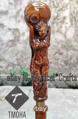 Bâton de marche en bois avec poignée sculptée à la main en forme de tête de femme designer pour personnes âgées et adultes.