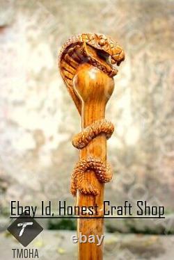 Bâton de marche en bois avec poignée sculptée en forme de serpent - Canne Cobra sculptée à la main