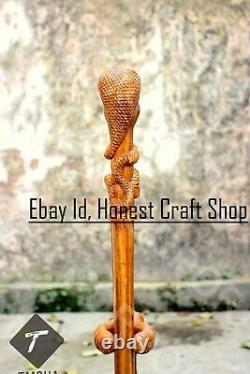 Bâton de marche en bois avec poignée sculptée en forme de serpent - Canne Cobra sculptée à la main