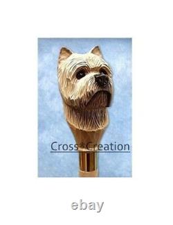 Bâton de marche en bois avec poignée sculptée en forme de tête de chien Cairn Terrier - Style unique - Cadeau