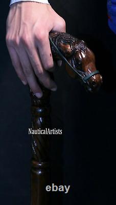 Bâton de marche en bois avec poignée sculptée en tête de cheval fait main - Canne de marche animalière sculptée à la main