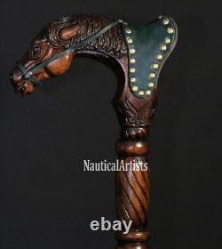 Bâton de marche en bois avec poignée sculptée en tête de cheval fait main - Canne de marche animalière sculptée à la main