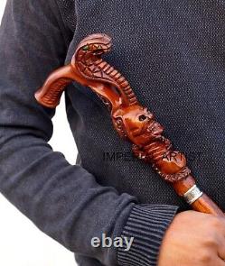 Bâton de marche en bois avec tête de cobra en forme de crâne et poignée ergonomique en bois pour la paume