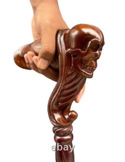 Bâton de marche en bois avec tête de crâne et poignée ergonomique en forme de paume en bois d'animal