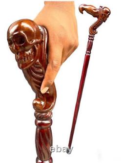 Bâton de marche en bois avec tête de crâne et poignée ergonomique en forme de paume en bois d'animal