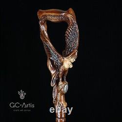 Bâton de marche en bois de sirène style fantasy femme ailée sculptée à la main