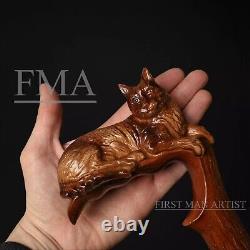 Bâton de marche en bois de style chat avec poignée en tête de chat sculptée à la main