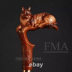 Bâton de marche en bois de style chat avec poignée en tête de chat sculptée à la main