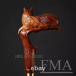 Bâton de marche en bois de style chat avec poignée en tête de chat sculptée à la main