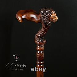 Bâton de marche en bois ergonomique Lion avec poignée en forme de paume de 36 pouces