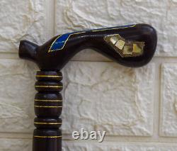 Bâton de marche en bois incrusté de 36 lapis-lazuli et nacre faits à la main, 92 cm