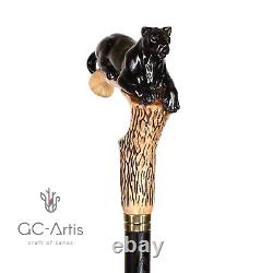 Bâton de marche en bois, panthère noire, puma, chat sculpté et fabriqué en bois léger.