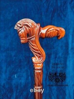 Bâton de marche en bois sculpté Cheval avec selle Canne en bois faite à la main