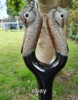 Bâton de marche en bois sculpté à la main avec deux têtes d'oiseaux, canne de marche en bois faite à la main.