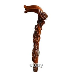 Bâton de marche en bois sculpté à la main avec élégance pour femme avec fleur de rose