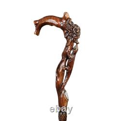 Bâton de marche en bois sculpté à la main avec fleur de lézard pour femmes Mesdames D