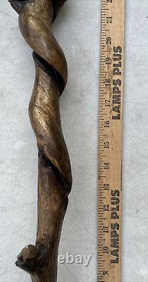 Bâton de marche en bois sculpté à la main avec pingouin en laiton et tortues 1993 Steve J