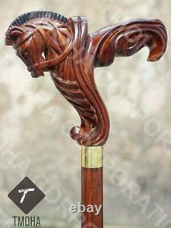 Bâton de marche en bois sculpté à la main avec poignée de cheval - Meilleur cadeau de Noël
