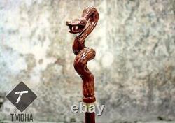 Bâton de marche en bois sculpté à la main avec poignée de cobra serpent fait main