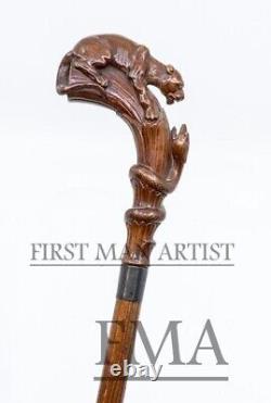 Bâton de marche en bois sculpté à la main avec poignée de panthère et de serpent - Canne de marche en forme d'animal