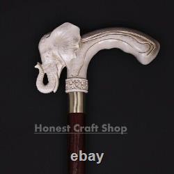 Bâton de marche en bois sculpté à la main avec poignée en forme d'éléphant - Cadeau de Noël Bv1