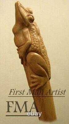 Bâton de marche en bois sculpté à la main avec poignée en forme de grenouille, canne à marche en forme de grenouille, cadeau.