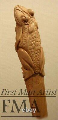 Bâton de marche en bois sculpté à la main avec poignée en forme de grenouille, canne à marche en forme de grenouille, cadeau.