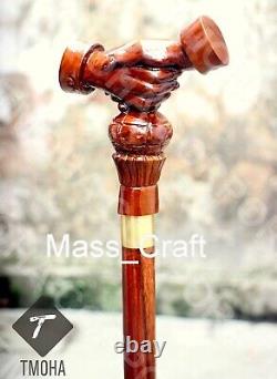 Bâton de marche en bois sculpté à la main avec poignée en forme de poignée de main, meilleur cadeau