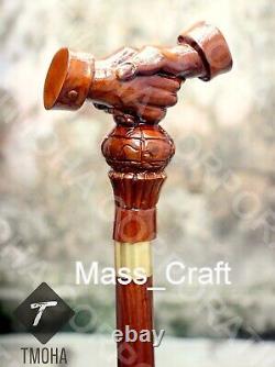 Bâton de marche en bois sculpté à la main avec poignée en forme de poignée de main, meilleur cadeau