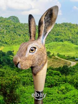 Bâton de marche en bois sculpté à la main avec poignée en tête de lapin - Canne de randonnée en bois