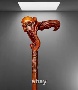 Bâton de marche en bois sculpté à la main avec tête de crâne et poignée ergonomique en forme de paume