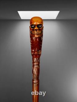 Bâton de marche en bois sculpté à la main avec tête de crâne et poignée ergonomique en forme de paume